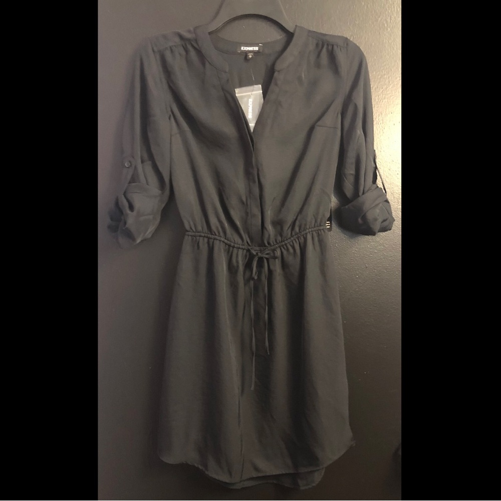 Express Black Button-Up Shirt Dress with Drawstring